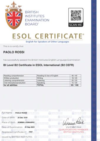 Esempio certificato British Institutes ESOL